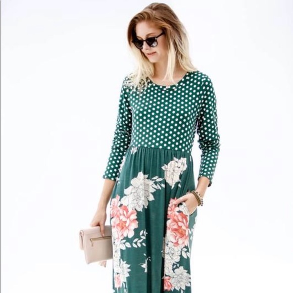 NWT Green Polka Dot and Floral Maxi - Picture 1 of 2